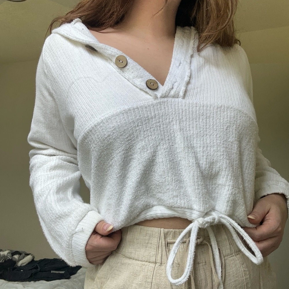 Women's Cream Hooded Button V-Neck Drawstring Top